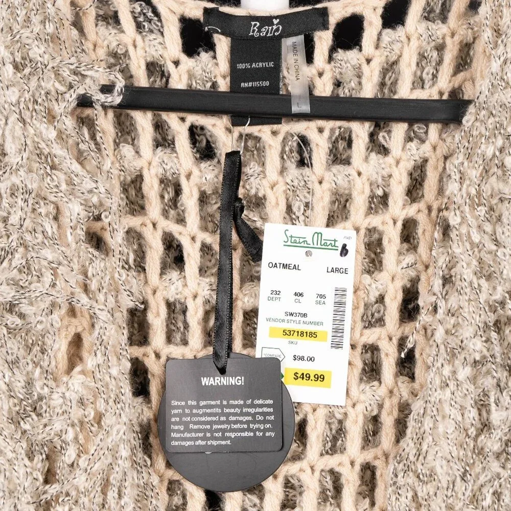 Rain Boho Shaggy Knit Open Vest L NEW Fringed Acrylic Crochet Lagenlook Long - Picture 4 of 6